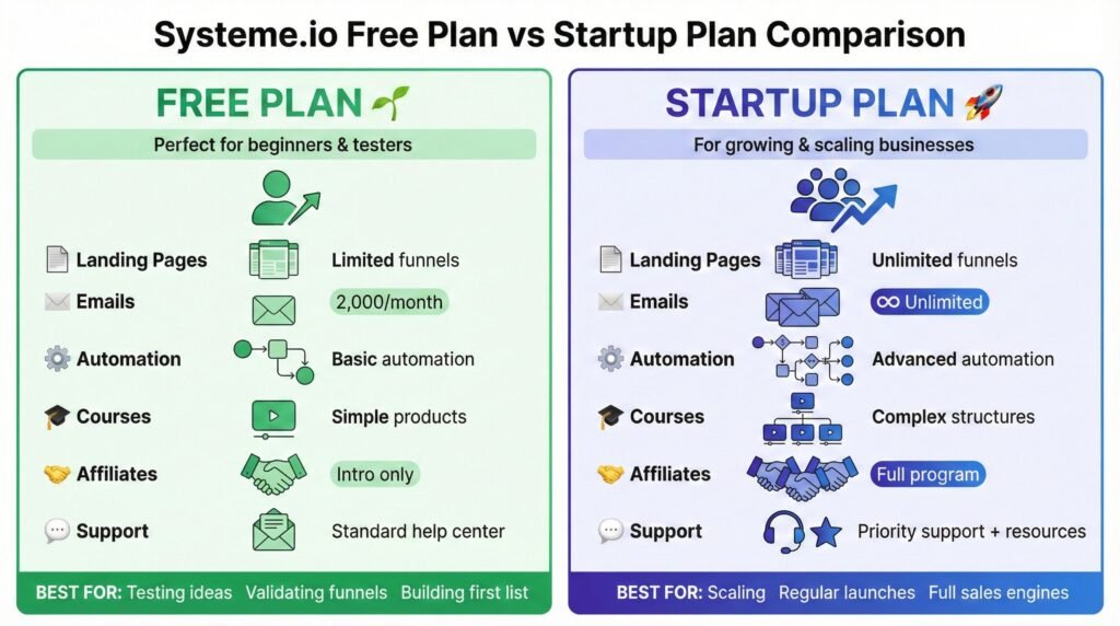 Systeme.io free vs Startup plan comparison for online business owners