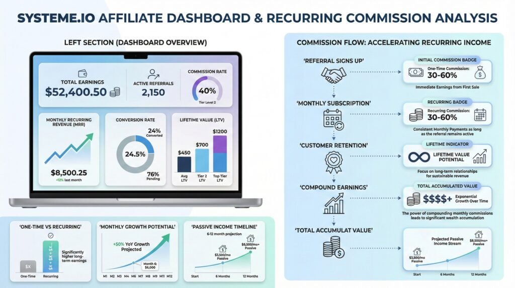 Systeme.io affiliate program dashboard review and recurring commission analysis
