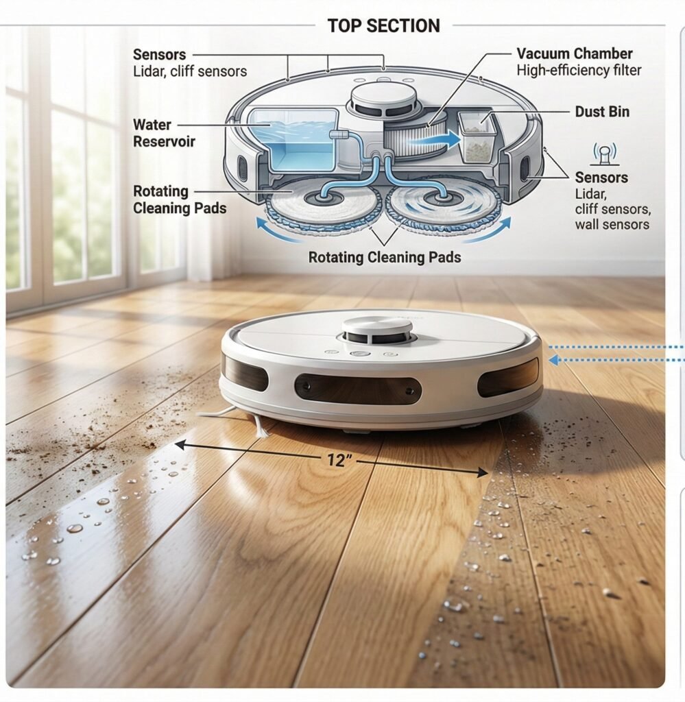 Robot vacuum cleaner and mop with a self-washing dock cleaning a hardwood floor.