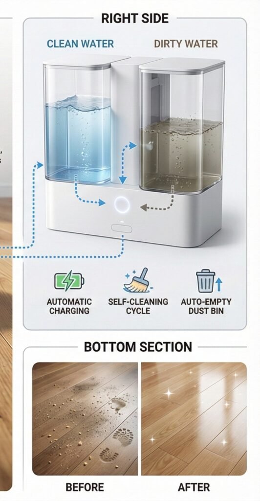 Robot vacuum cleaner and mop with a self-washing dock cleaning a hardwood floor.